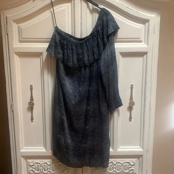 Anthropologie Velvet by Graham & Spencer Black Print One Shoulder Shift Dress S - Picture 8 of 16